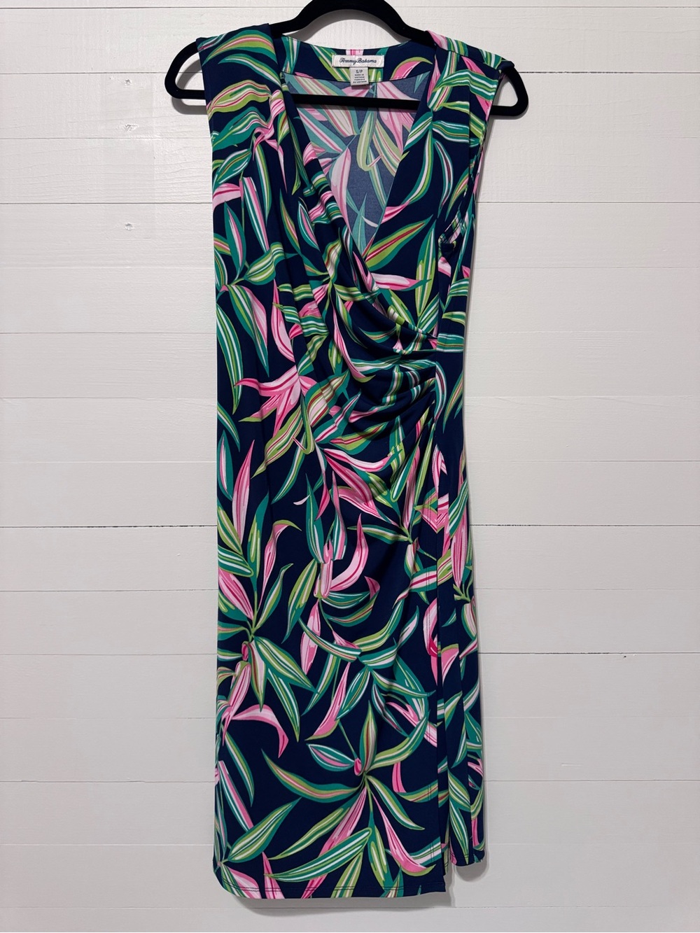 Tommy Bahama Faux Wrap Dress Size Small Petite Navy Leaf Sleeveless Tropical New